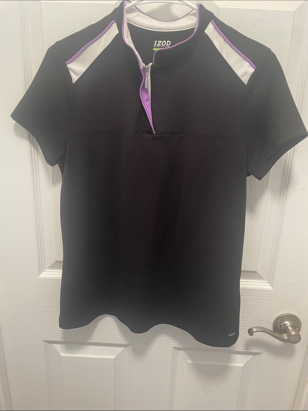 Izod Black Short-Sleeve Athletic Top with Purple and White Trim